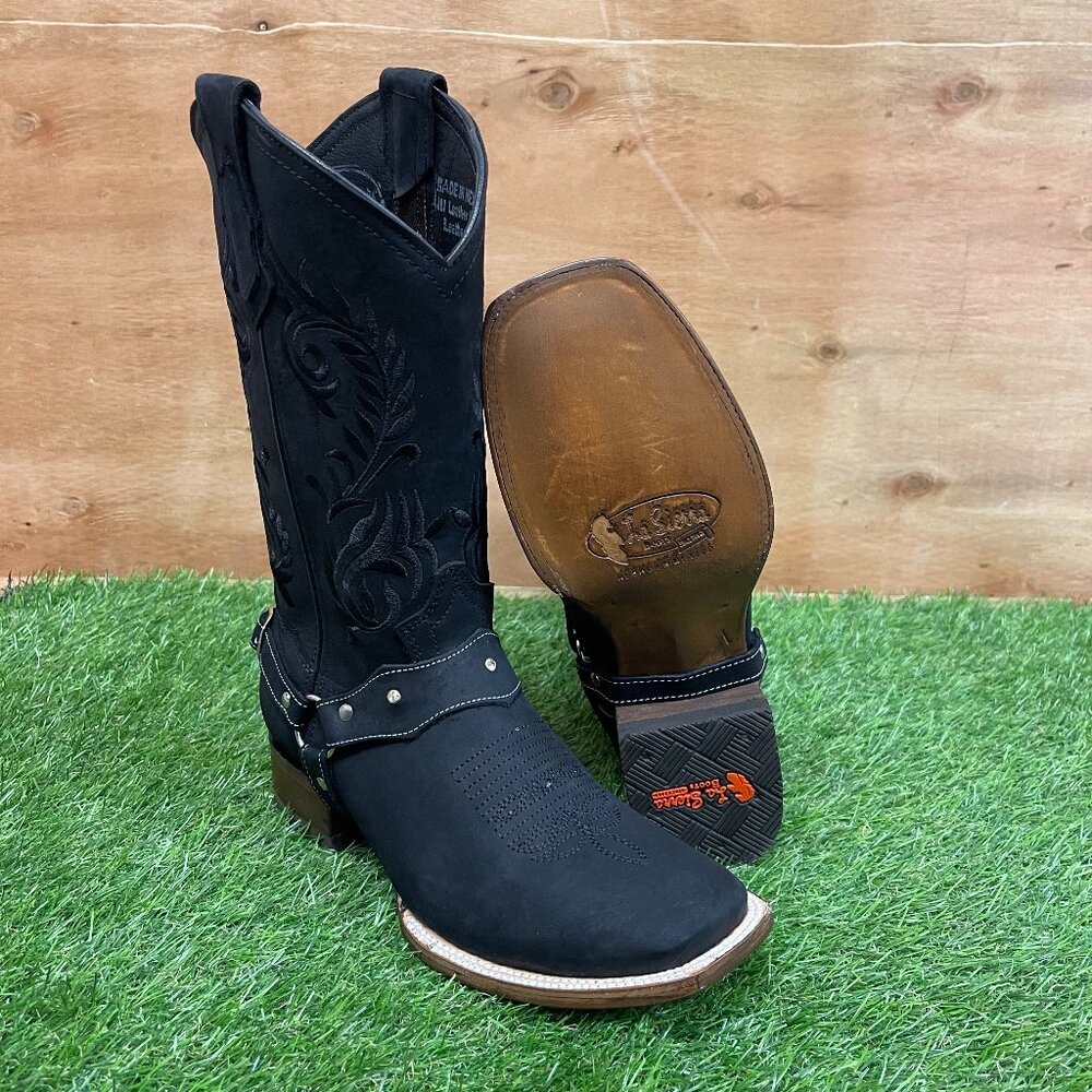 Women's Western Rodeo Cowgirl Black Square Toe Genuine Leather Harness Boots 112